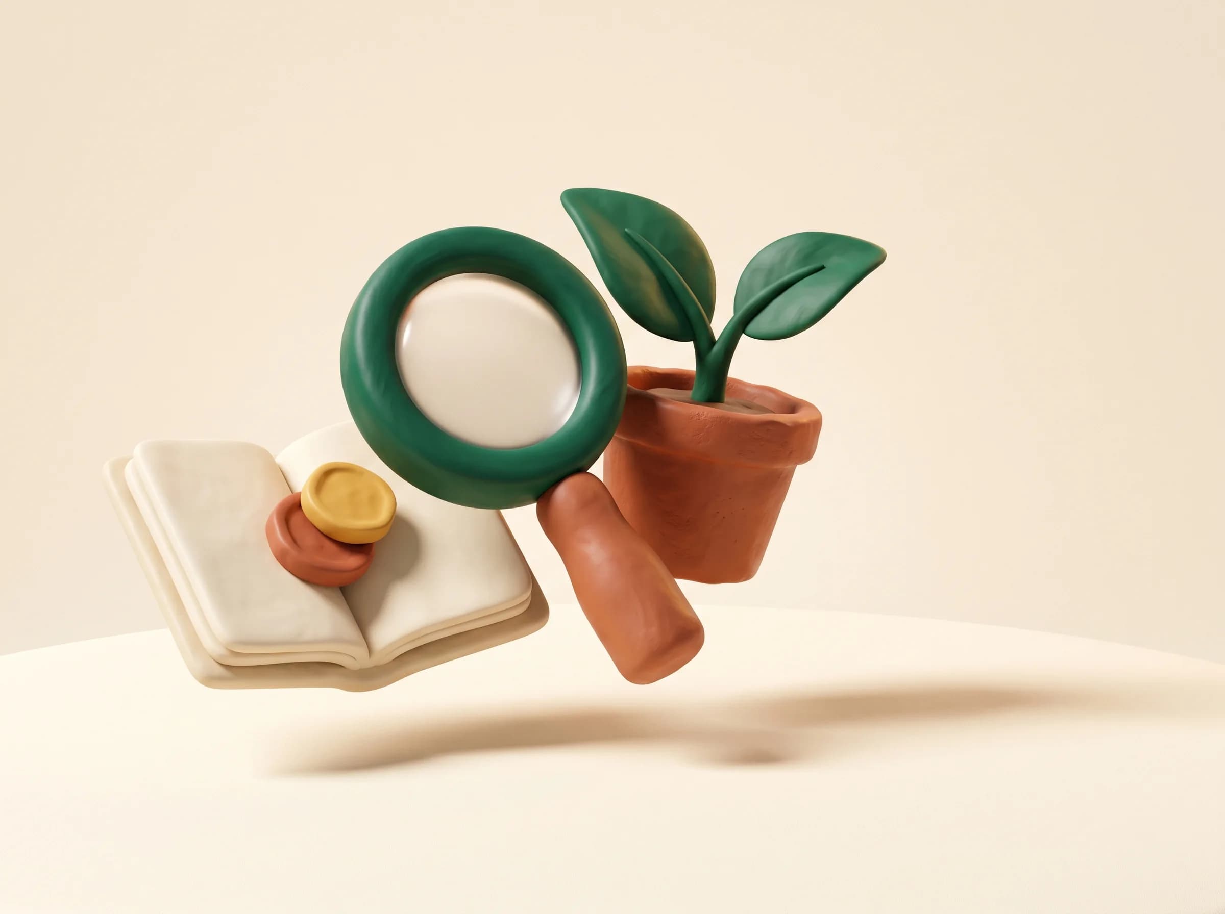 Clay notebook with coin pebbles, a magnifying glass, and a small clay sapling — illustration of HonestCodes' editorial standards