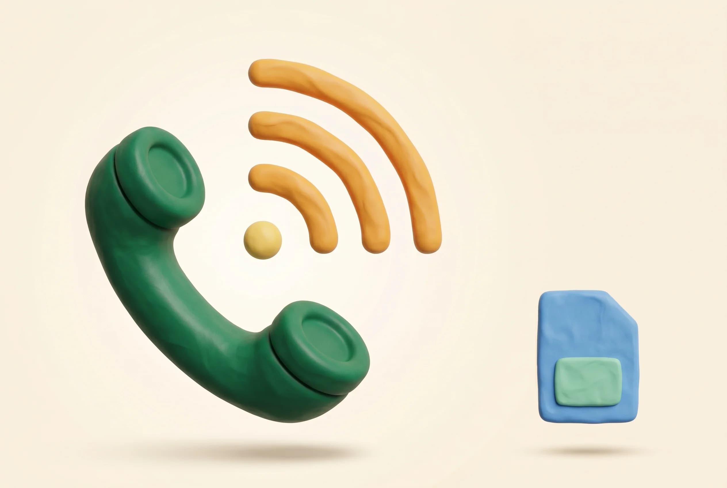 Clay illustration representing the Telecoms & International Calling category — objects emblematic of UK telecoms brands.