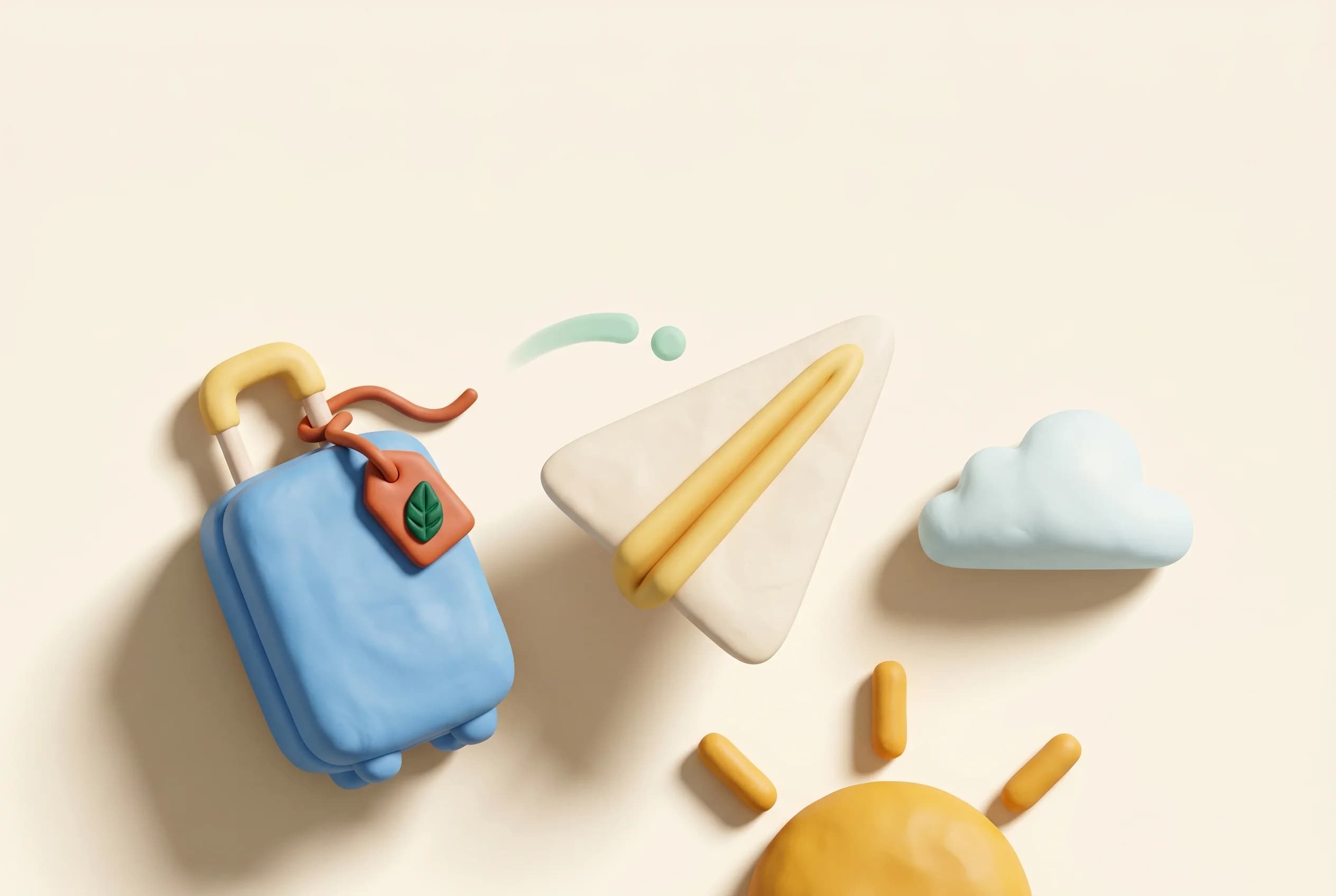 Clay illustration representing the Travel & Booking category — objects emblematic of UK travel brands.