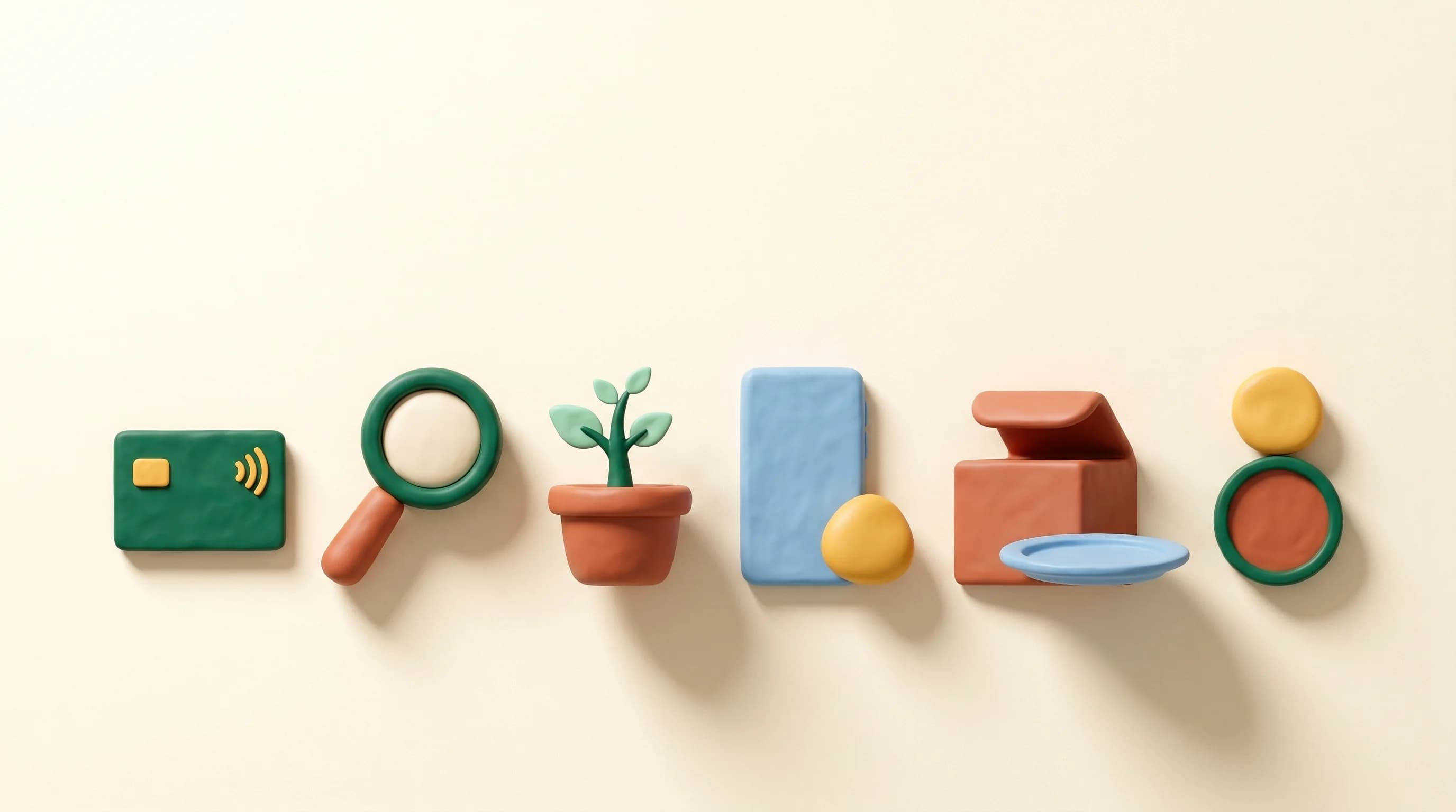 A clay shelf of small editorial objects representing the categories of codes on HonestCodes